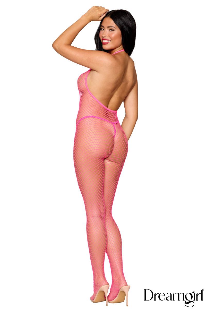 BODYSTOCKING FILET FOURCHE OUVERTE NOIR OU ROSE - DREAMGIRL