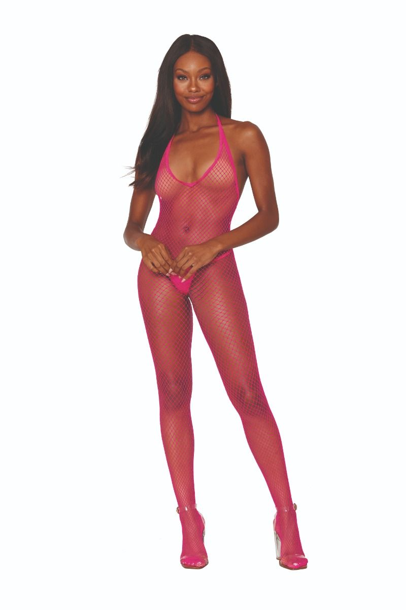 BODYSTOCKING FILET FOURCHE OUVERTE NOIR OU ROSE - DREAMGIRL