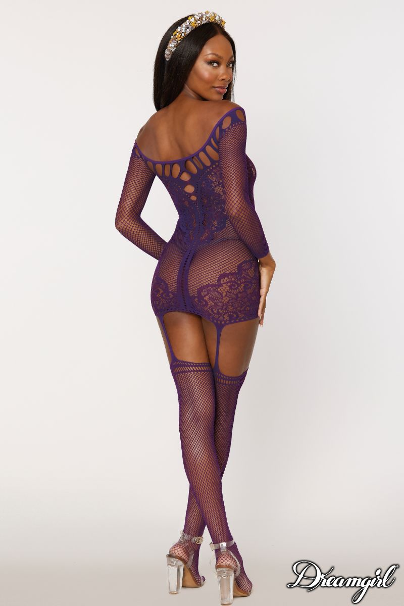 ROBE - JARRETELLES - AUBERGINE - DREAMGIRL