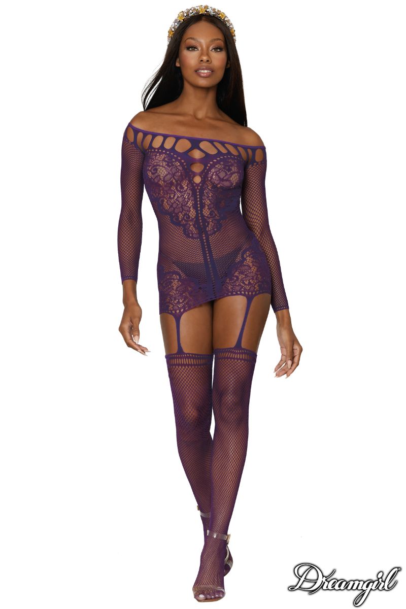 ROBE - JARRETELLES - AUBERGINE - DREAMGIRL