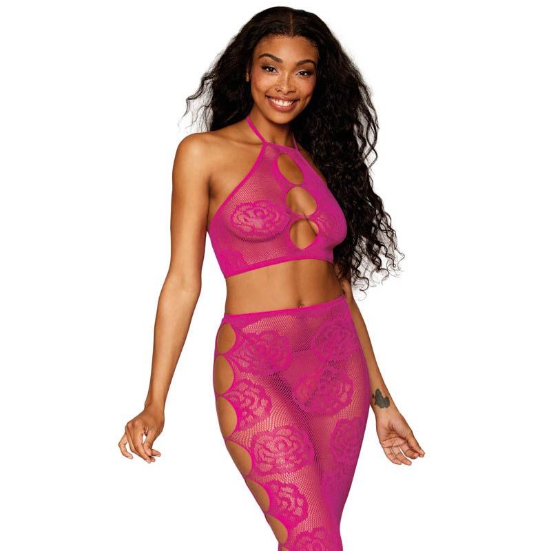 2PC STRECH KIT FUSCHIA AVEC DES MOTIFS DE ROSES - DREAMGIRL
