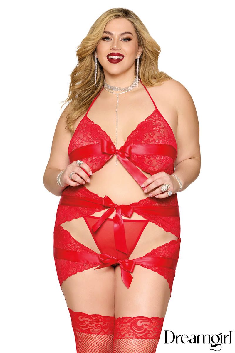 BIG BOW GARTER - QUEEN - ENSEMBLE DENTELLE AVEC BOUCLES ROUGE - DREAMGIRL