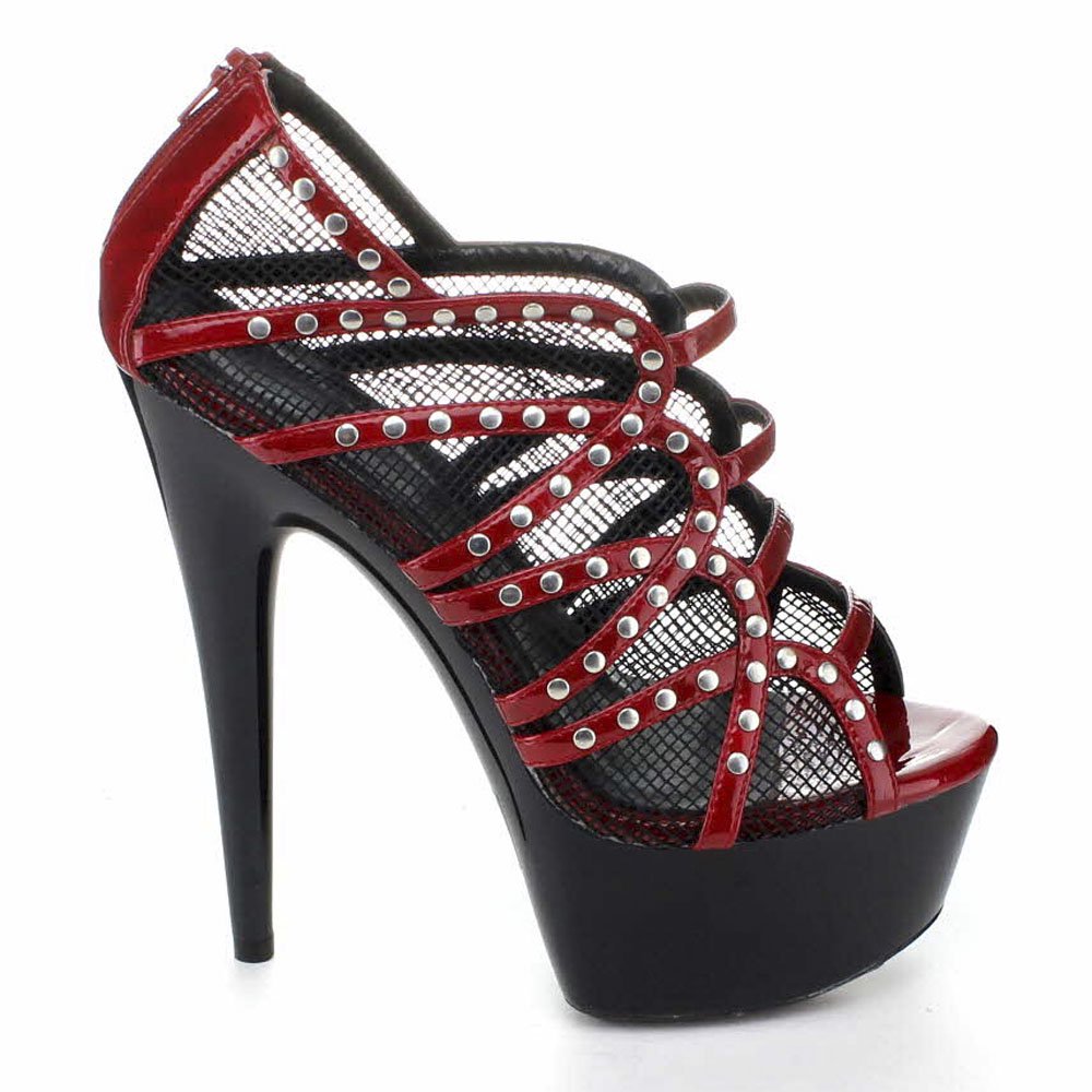 6 POUCES SANDALE À PLATEFORME CUIR ROUGE ET MESH NOIR - Ellie Shoes