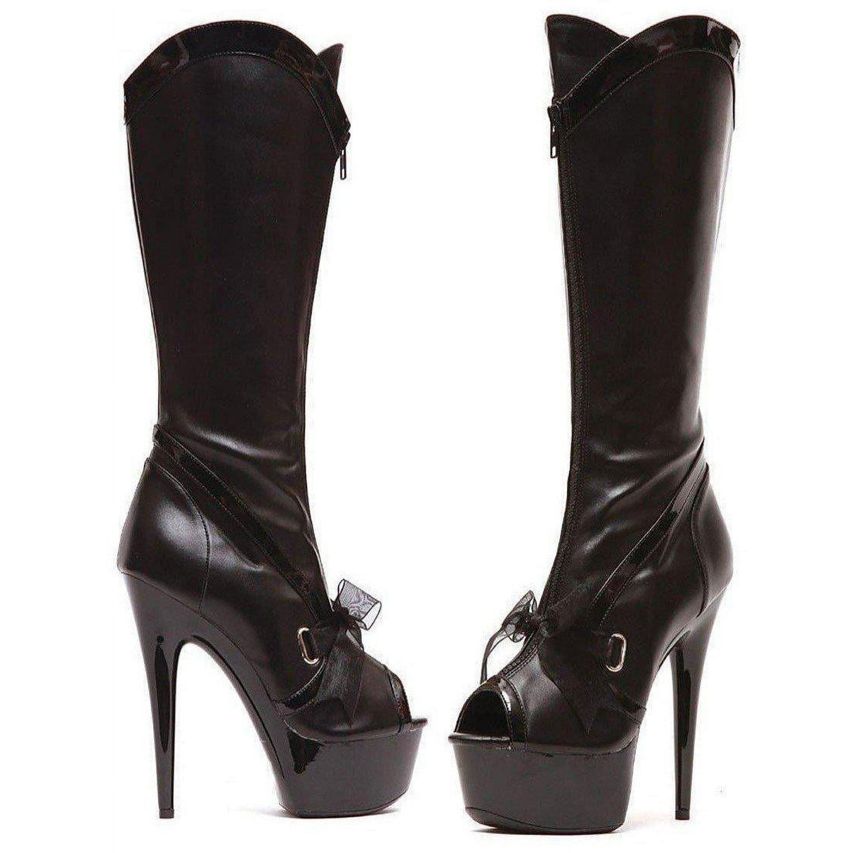 6 POUCES BOTTE EN-DESSOUS DU GENOU NOIR À BOUT OUVERT AVEC RUBAN- Ellie Shoes