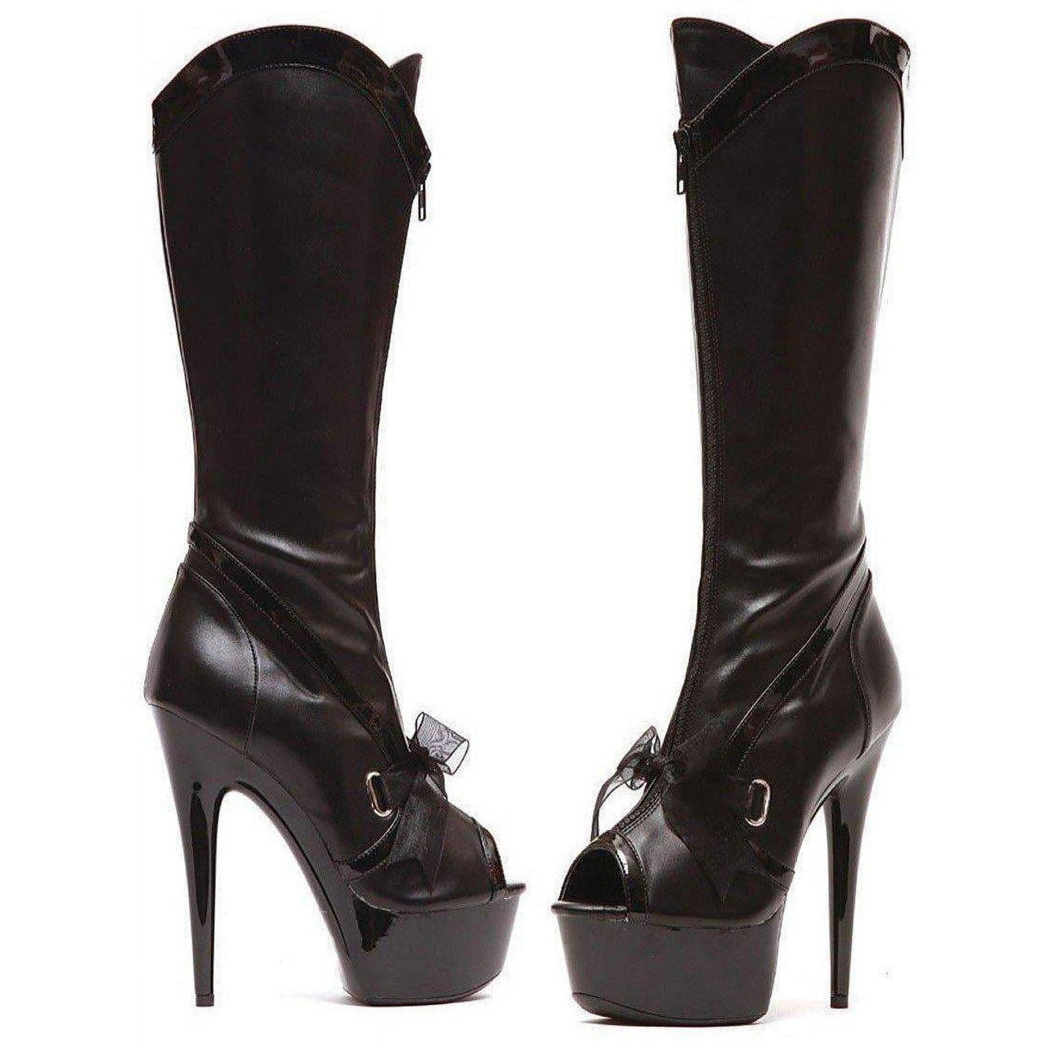 6 POUCES BOTTE EN-DESSOUS DU GENOU NOIR À BOUT OUVERT AVEC RUBAN- Ellie Shoes