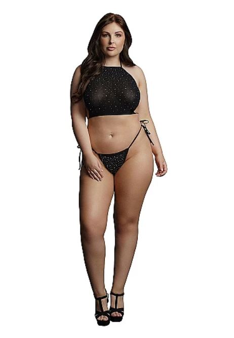 LE DÉSIR - FESTIVE RHINESTONE TOP AND THONG - NOIR - QUEEN