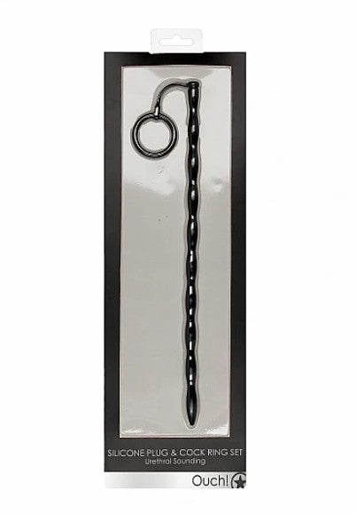 SILICONE PLUG & COCK RING SET - URETHAL SOUNDING - BLACK