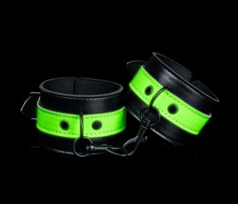 BONDED LEATHER HANDCUFFS - GLOW IN THE DARK - OUCH!