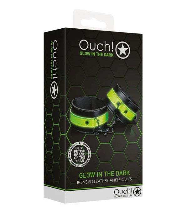 BONDED LEATHER HANDCUFFS - GLOW IN THE DARK - OUCH!