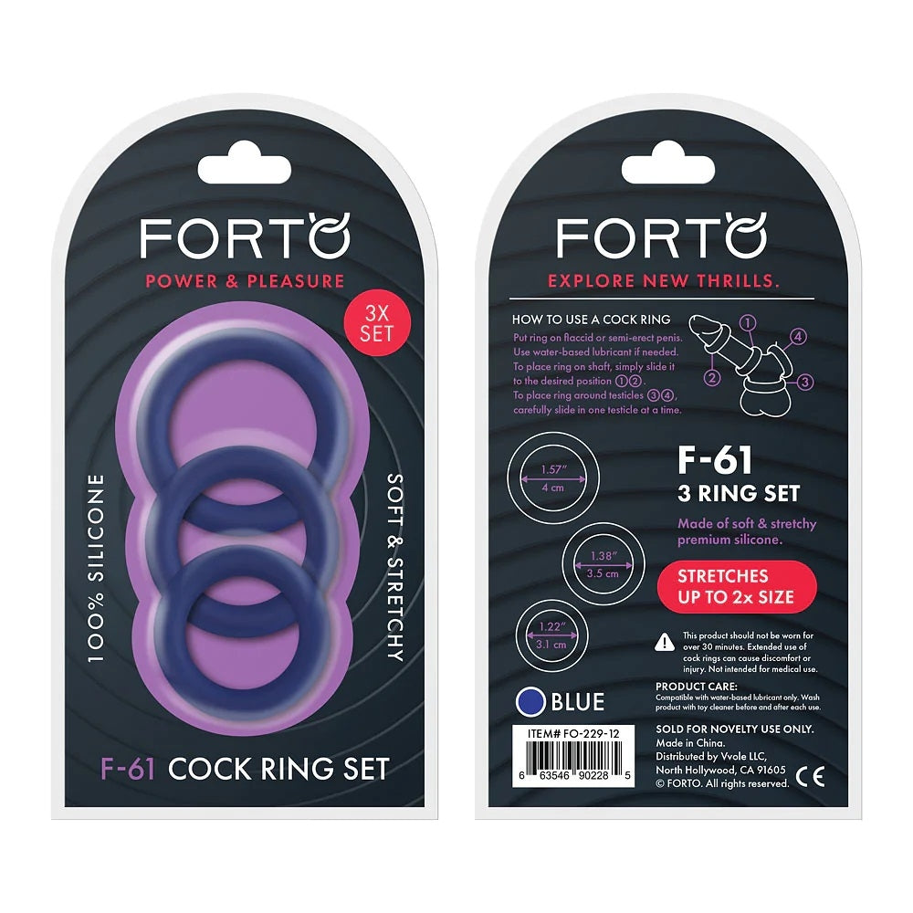 FORTO - ANNEAU D'ERECTION EN SILICONE - F61 - 3 PIÈCES C-RINGS - BLEU