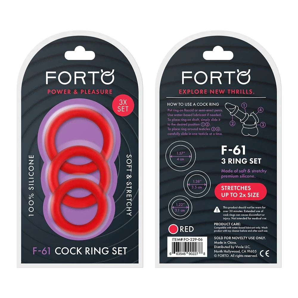FORTO - ANNEAU D'ERECTION EN SILICONE - F61 - 3 PIÈCES C-RINGS - ROUGE