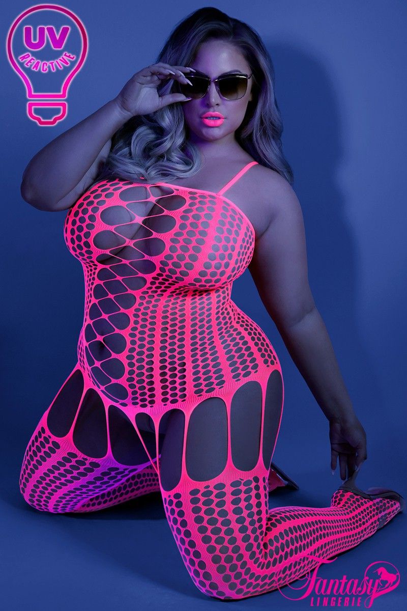 GLOW - BODYSTOCKING ROSE FLUO UV - ONE SIZE ET QUEEN
