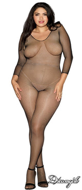 BODYSTOCKING EN FILET AVEC MANCHES LONGUES NOIR OU ROSE - QUEEN - DREAMGIRL