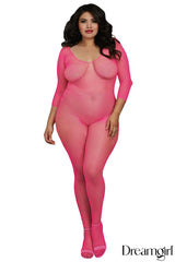 BODYSTOCKING EN FILET AVEC MANCHES LONGUES NOIR OU ROSE - QUEEN - DREAMGIRL