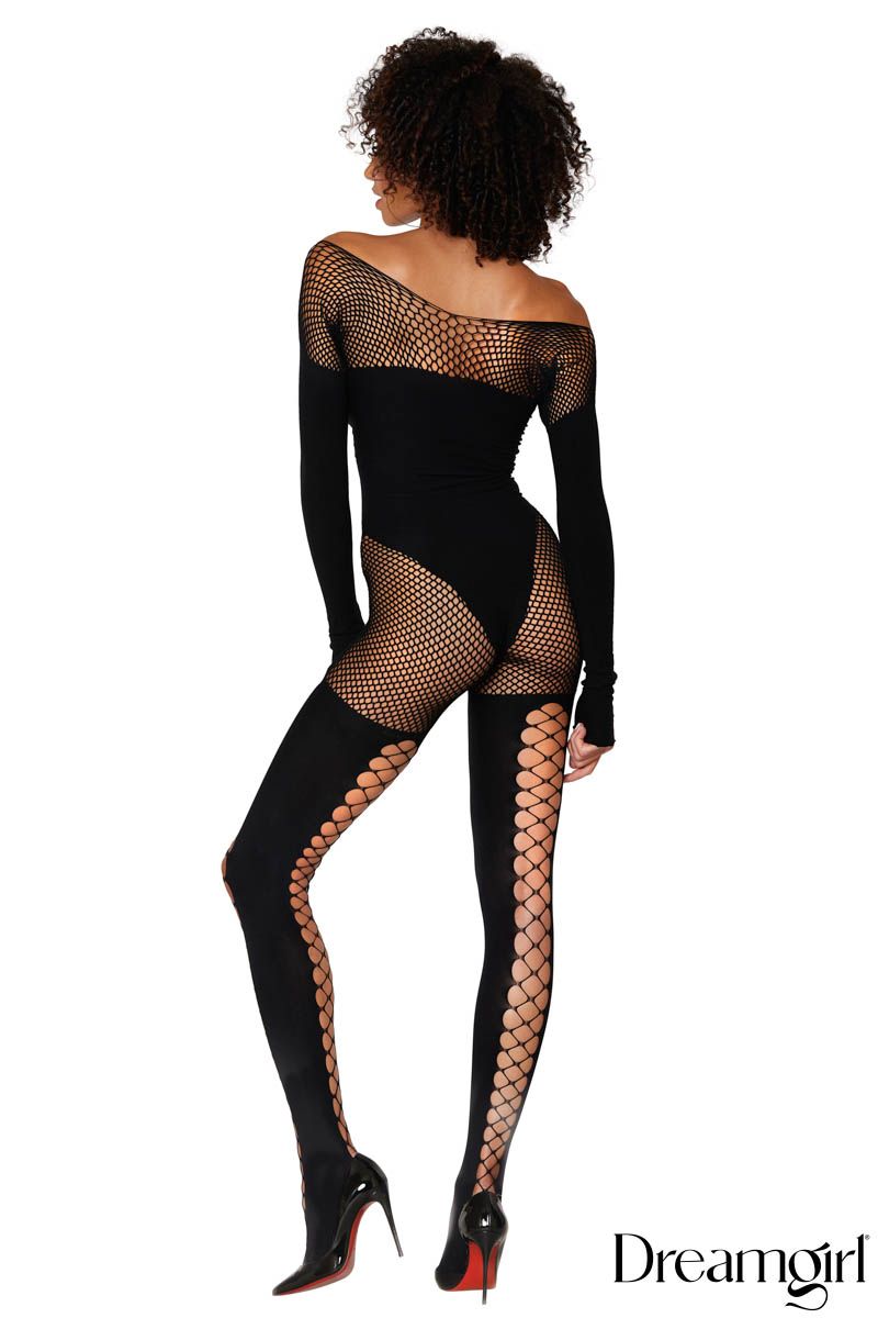 BODYSTOCKING LONG IMPRIME OPAQUE- NOIR- DREAMGIRL