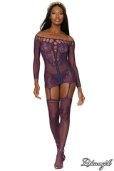 ROBE - JARRETELLES - AUBERGINE - DREAMGIRL