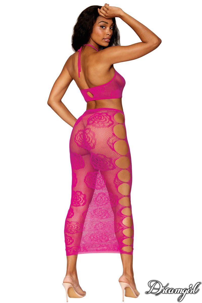 2PC STRECH KIT FUSCHIA AVEC DES MOTIFS DE ROSES - DREAMGIRL