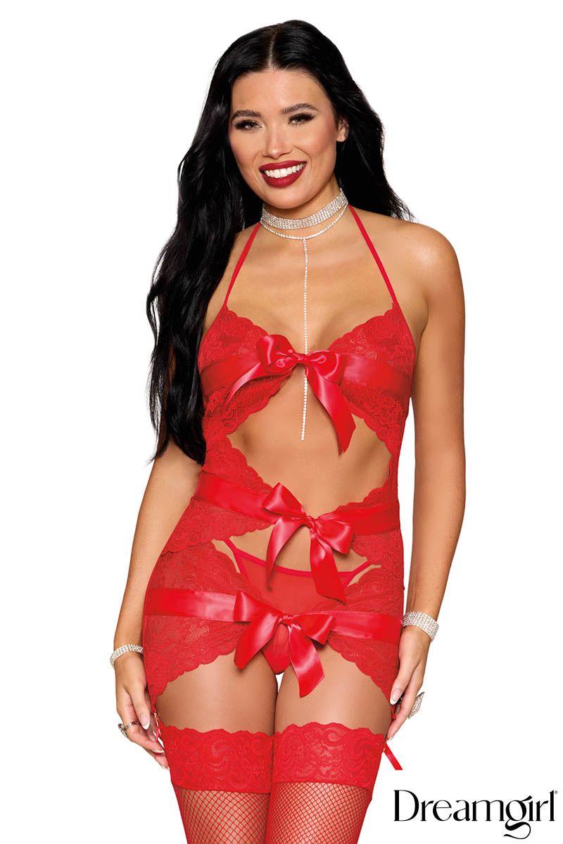 BIG BOW GARTER - ENSEMBLE DENTELLE AVEC BOUCLES ROUGE - DREAMGIRL