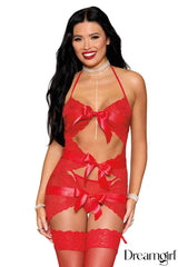 BIG BOW GARTER - ENSEMBLE DENTELLE AVEC BOUCLES ROUGE - DREAMGIRL