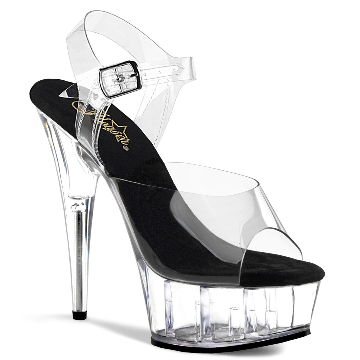 6 POUCES TALONS TRANSPARENTS, SEMELLE NOIRE, STRAP SANDAL - PLEASER